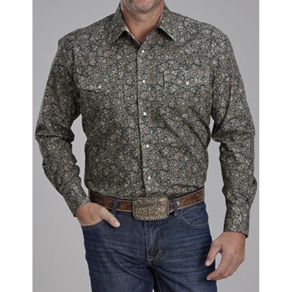 Roper Western Shirt Paisley Print Snap Button Green Brown Size S Cowboy Rodeo